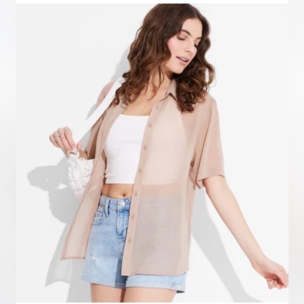 NWT Wild Fable Short Sleeve Oversized Sheer Button-Down Shirt